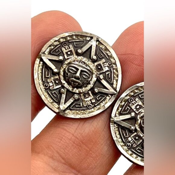 Rare-Vintage, Sterling Silver 925 Mayan Sun Dial Calendar-Cufflinks Round Mayan - Picture 4 of 7